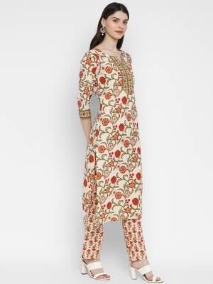 Floral Print & Sequence Straight Cotton Red Kurta,Pant & Dupatta 4