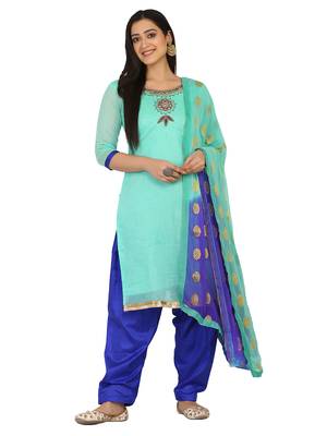 Shaily Green Color Cotton Blend Embroidered Unstitched Dress Material 1