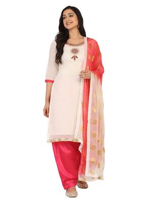 Shaily White Color Cotton Blend Embroidered Unstitched Dress Material 1