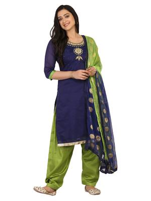 Shaily Navy Blue Color Cotton Blend Embroidered Unstitched Dress Material 1