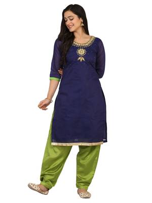 Shaily Navy Blue Color Cotton Blend Embroidered Unstitched Dress Material 3
