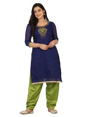 Shaily Navy Blue Color Cotton Blend Embroidered Unstitched Dress Material 3