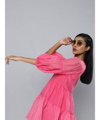 Fuchsia Organza Drop Shoulder Tiered Dress 1