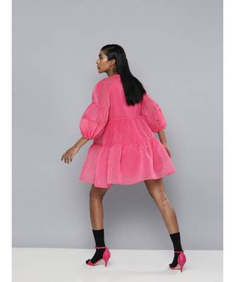 Fuchsia Organza Drop Shoulder Tiered Dress 3