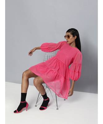 Fuchsia Organza Drop Shoulder Tiered Dress 4