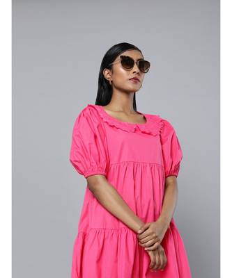 Fuchsia Embroidered Collar Tiered Dress 1