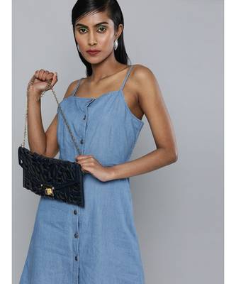 Blue Denim Strappy Front Button Dress 1