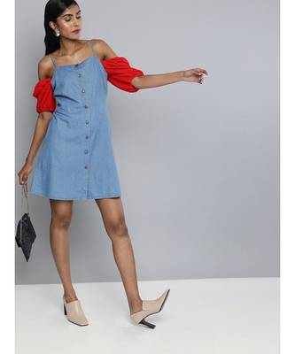 Blue Denim Strappy Front Button Dress 2