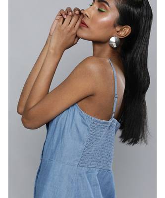 Blue Denim Strappy Front Button Dress 4