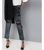 Navy Washed High Waist Distressed Knee Jeans