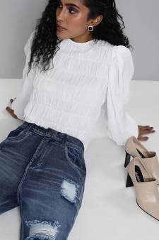 Blue High Waist Distressed Knee Jeans