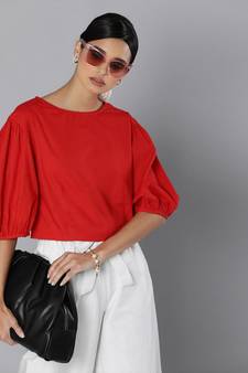 Red Balloon Sleeve Crop Top