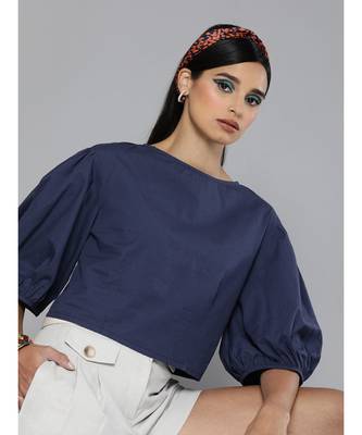 Navy Balloon Sleeve Crop Top 1