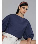 Navy Balloon Sleeve Crop Top