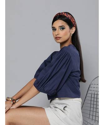 Navy Balloon Sleeve Crop Top 2