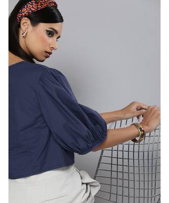 Navy Balloon Sleeve Crop Top 3