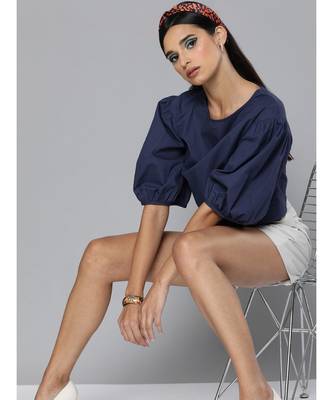 Navy Balloon Sleeve Crop Top 4