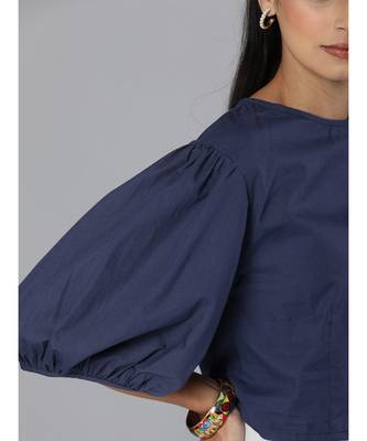 Navy Balloon Sleeve Crop Top 5