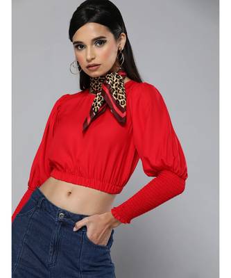 Red Smocking Sleeve Crop Top 1