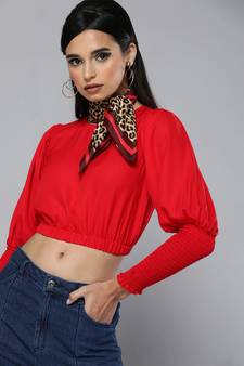 Red Smocking Sleeve Crop Top