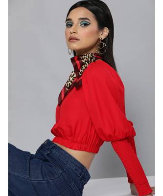 Red Smocking Sleeve Crop Top 2