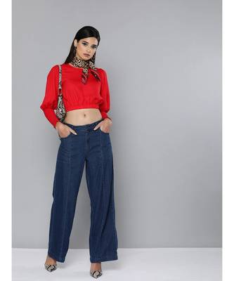Red Smocking Sleeve Crop Top 4