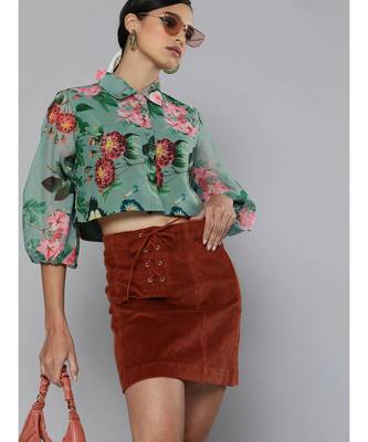 Olive Floral Organza Shirt Style Crop Top 1