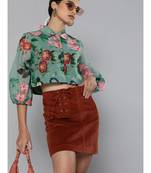 Olive Floral Organza Shirt Style Crop Top