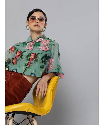Olive Floral Organza Shirt Style Crop Top 2