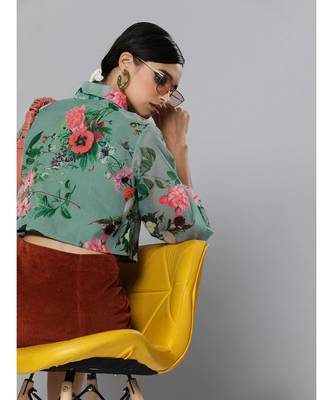 Olive Floral Organza Shirt Style Crop Top 3