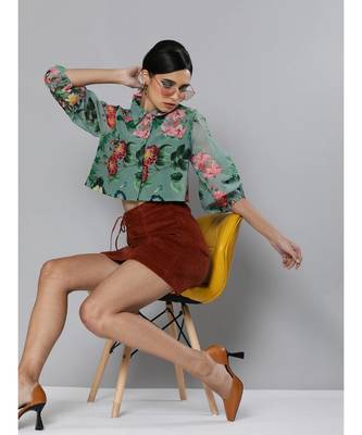 Olive Floral Organza Shirt Style Crop Top 4