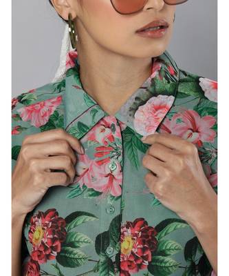 Olive Floral Organza Shirt Style Crop Top 5