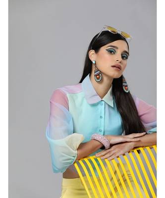 Rainbow Organza Shirt Style Crop Top 1