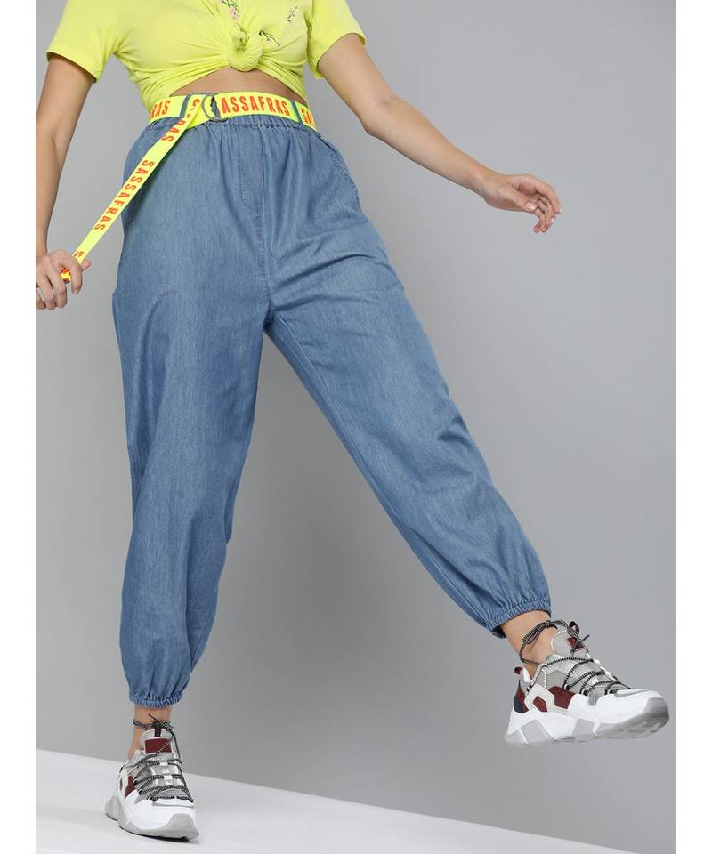 Blue Contrast Belted Denim Joggers 
