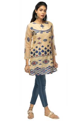beige chanderi 3/4th sleeves solid women kurta 1
