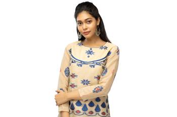 beige chanderi 3/4th sleeves solid women kurta 2