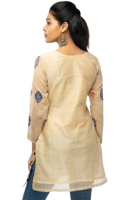 beige chanderi 3/4th sleeves solid women kurta 4