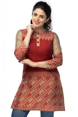 Red chanderi 3/4th sleeves solid women kurta 1