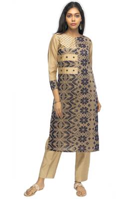 Beige chanderi 3/4th sleeves solid women kurta with pant 1
