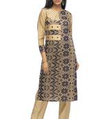 Beige chanderi 3/4th sleeves solid women kurta with pant