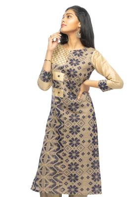 Beige chanderi 3/4th sleeves solid women kurta with pant 2