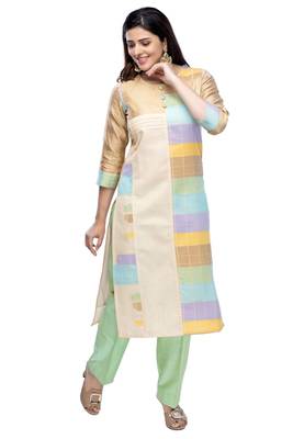 Green chanderi 3/4th sleeves solid women kurta with pant 1
