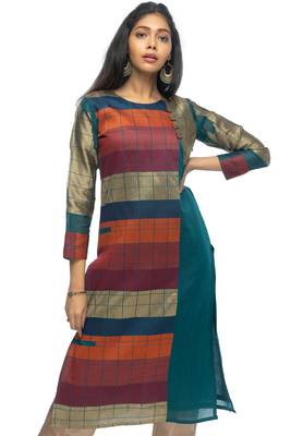Beige chanderi 3/4th sleeves solid women kurta set 1