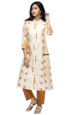 Mustard chanderi 3/4th sleeves solid women kurta set 1