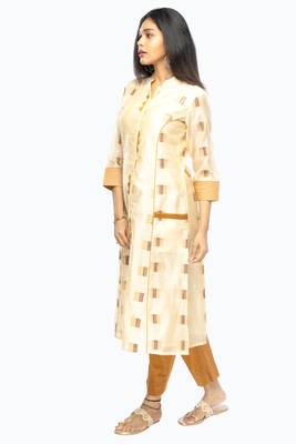 Mustard chanderi 3/4th sleeves solid women kurta set 3