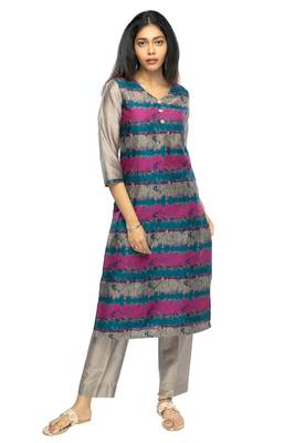 Grey chanderi 3/4th sleeves solid women kurta set 1