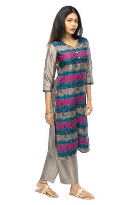 Grey chanderi 3/4th sleeves solid women kurta set 3