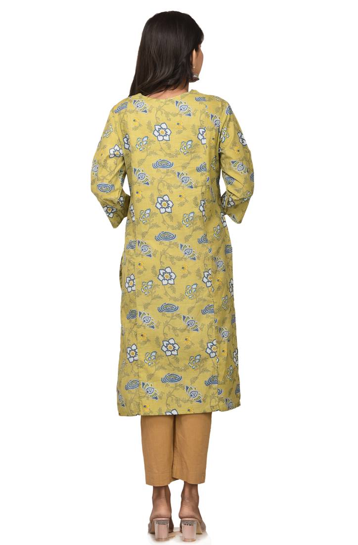 F Womens Cotton Cambric Paisley Print Straight Kurta (Pista Green)