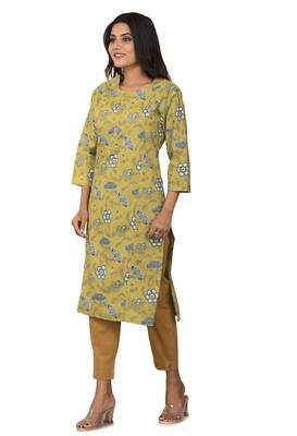 F Womens Cotton Cambric Paisley Print Straight Kurta (Pista Green) 3