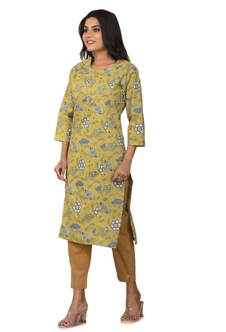 F Womens Cotton Cambric Paisley Print Straight Kurta (Pista Green)